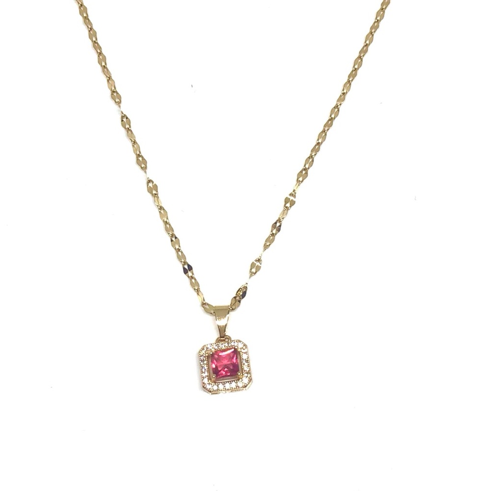 Stainless Steel Halo Red Princess Cut Cubic Zirconia Necklace